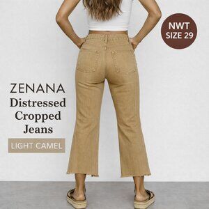 Zenana Light Camel Distressed Cropped Jeans Raw Hem High Rise NWT Size 29